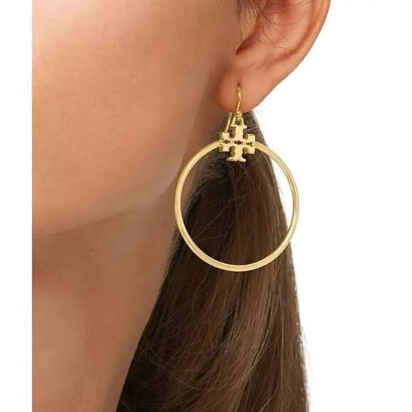 Tory Burch Stacked T Logo Hoop Earrings Gold OS - Picture 2 of 9